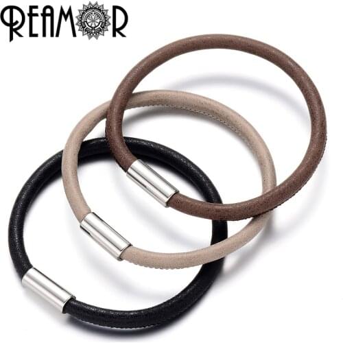 REAMOR Top Quality 5mm Camel Leather Bracelets DIY String Beads Charm Bracelets For Men&Women Jewelry Making With Magnet Clasp