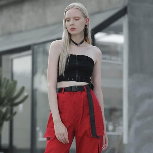 PUNKRAVE Womens Punk Sleeveless Sexy Bra Adjustable Size Micro-elastic Twill Cotton Zipper Cardigan Tight Bra