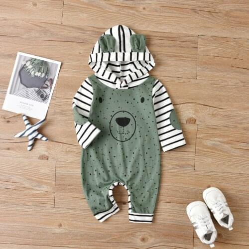 Baby Cartoon Rompers,Baby Clothes Dots Stripe Hooded Long Sleeves Jumpsuits with Buttons for Toddler Girls, Boys, Green