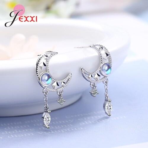 Elegant Hollow Moon Zircon Tassel Dangle Earring 925 Sterling Silver Colorful Moonstone Ear Brincos Pendientes for Women
