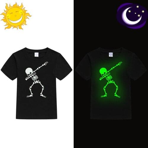 Boys t shirt Girls Glow In Darkness Dabbing Skull Cool T Shirt for Kids Summer T-shirt Children Hip Hop Rock Tshirt Baby Top Tee