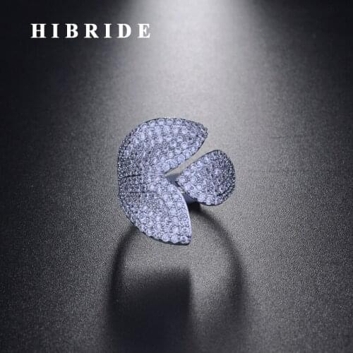 HIBRIDE Fashion Design Leaf Shape Cubic Zircon Dubai Ring For Women Open Adjustable Ring Luxury Jewelry R-246