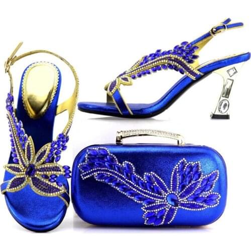 Nice Looking Royal Blue Wemon Pumps Matching Handbag Set With Rhinestone for African Shoes And Bag Set For Dress V7437