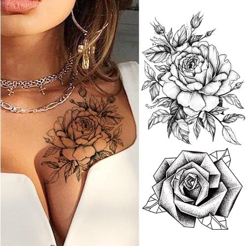 Beautiful Flower Temporary Tattoos Sticker Women Fashion Body Art Chest Tatoo For Party Show Fake Black Waterproof Flower Tattoo