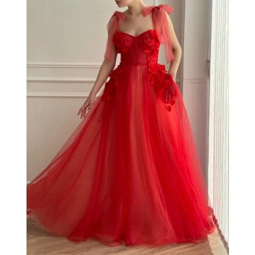 BridalAffair Red Spaghetti Straps Tulle Long Prom Dresses Elegant Off Shoulder Backless A Line Floor Length Party Gowns