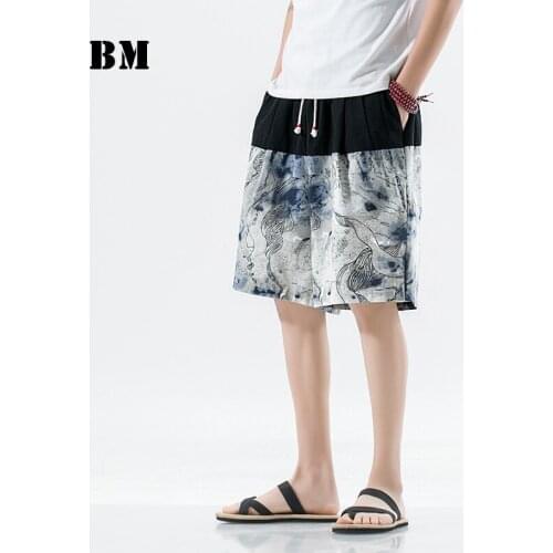 Summer Chinese Style Patchwork Tie Dye Shorts Thai Cotton Linen Plus Size Beach Casual Pants Men Clothing Oversized Bottoms
