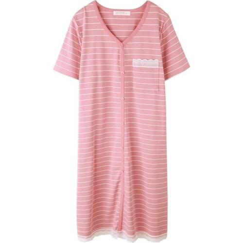 Women Short Sleeve Nightgown Sexy Stripe Knitted Cotton Pajama Lingerie Summer Nightdress Retro Nightdress Loose Sleepwear