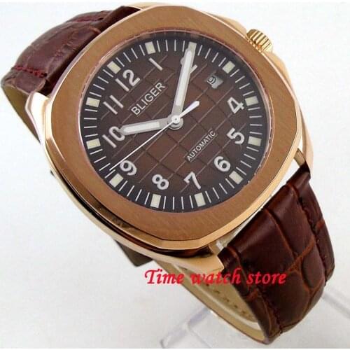 2019 New Bliger 40mm Miyota Automatic wrist watch men Gold square leather strap waterproof steel sunset dial sapphire glass 218