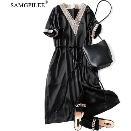Dresses Summer 2020 Vestido Casual Dress Plus Size A-line Solid Short Sleeve Sashes Knee-length Empire V-neck Dress Women Summer