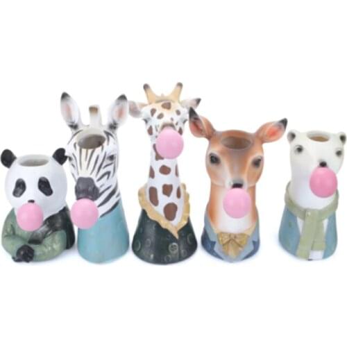 Resin Vase Decor Flower Pot decor Modern Animal Head Desktop Creative Hand Painting Bear Blowing Bubble Bust Figure Home Decor
