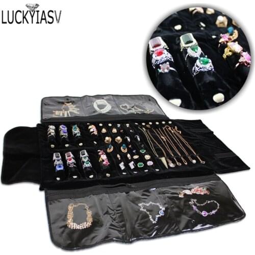 Portable Black Velvet Zipper Bag Jewelry Roll Storage Bag Ring Pendant Folding Travel Organizer Earrings Case Box