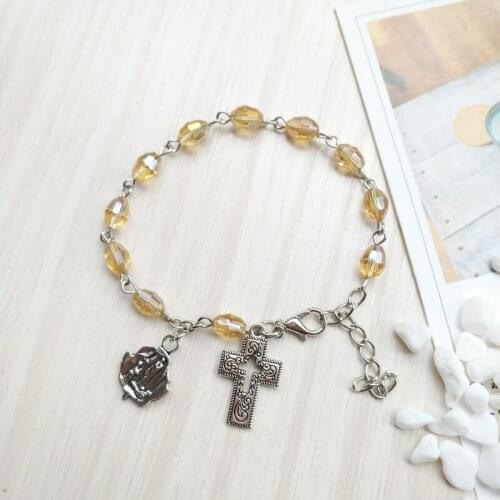 QIGO Champagne Crystal Women Cross Rosary Bracelet Religious Catholic Jewelry