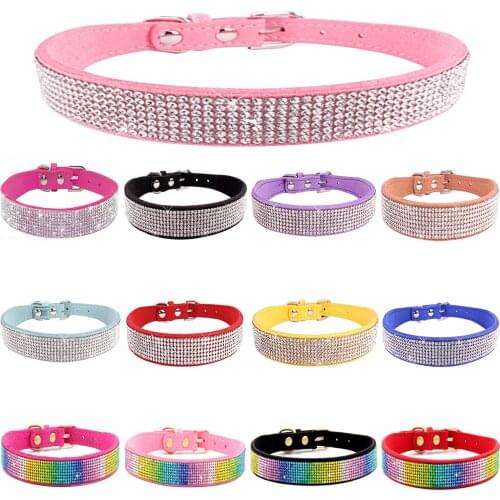 XXS-L Suede Fiber Crystal Dog Collar Comfortable Glitter Rhinestone Dog Collars Zinc Alloy Buckle Collar for Small Dogs Cats