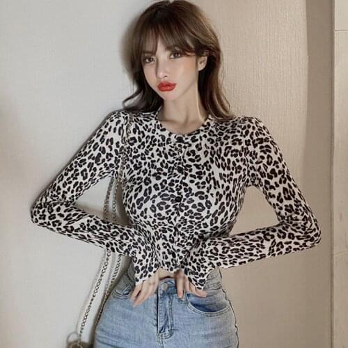 Womens Leopard O-Neck Tshirt Autumn Slim Sexy Navel Exposed Long Sleeve Bottoming Tee Shirt Tops