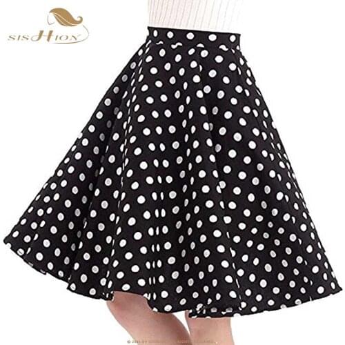 SISHION Vintage Skirt Black with White Polka Dots Cotton Retro Swing High Waist Elegant Skater Skirt Summer Women Faldas VD0020