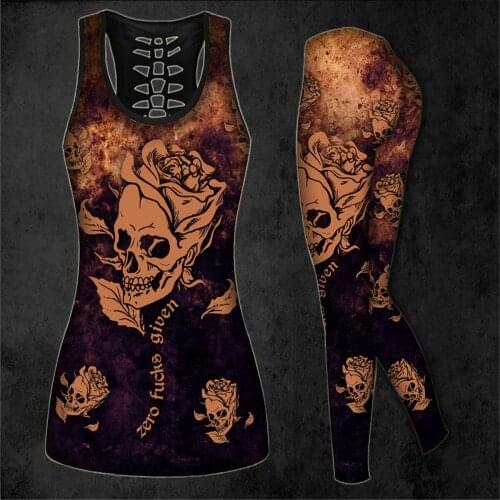 PLstar Cosmos Womens for girl Workout Pants skull 3D Printed Hollow Tanktop sexy Yoga Suit Fitness Soft Legging Drop shipping