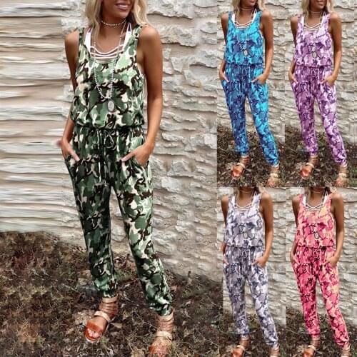 2021 Fashion Classic Camouflage Print Loose Womens Clothing Round Neck Sleeveless High Waist Casual Tie-dye Plus Size Jumpsuit