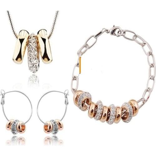 New 2020 Crystal Jewelry Sets Pendants & Necklaces Stud Earring Bracelet Bangles Silver Plated Chain For Women