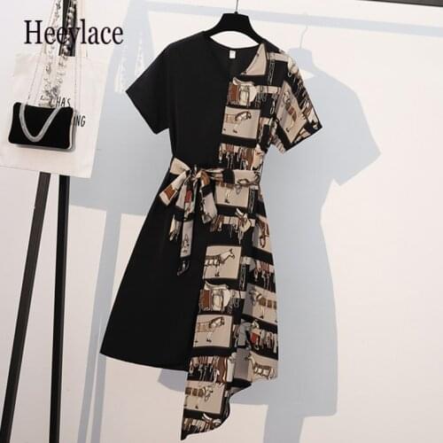 Dress Women Plus Size Summer 2021 New Retro Vintage Splicing Design V-neck High Waist Office Lady Elegant Female Dresses