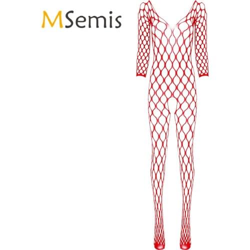 Women Sexy Lingerie Hollow Out Stockings Fishnet Tights Erotic Transparent Pantyhose Long Sleeve Crotchless Mesh Bodystocking