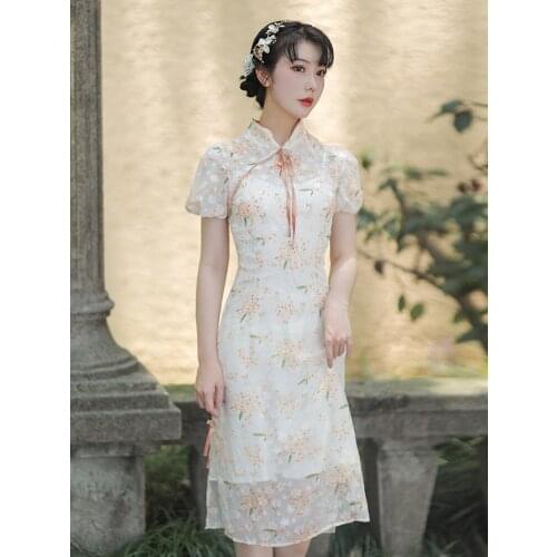 2021 Summer New Style Chinese Style Retro Literature And Art Womens Puff Sleeve Thin Print Mid-Length Dress Cheongsam Dress