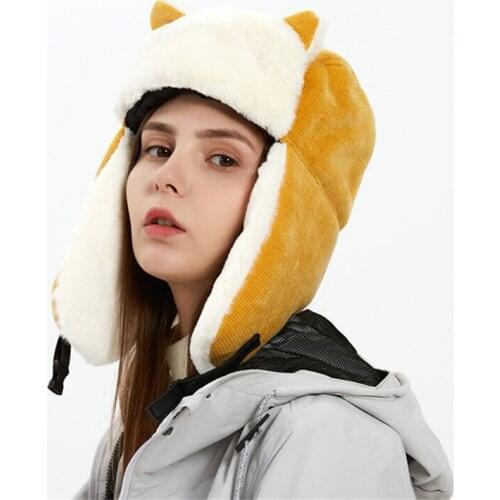 Winter Faux Fur Ski Bomber Hats for Women Russian Cartoon Cat Ears Windproof Cap Teenager Girl Corduroy Earflap Trapper Hat