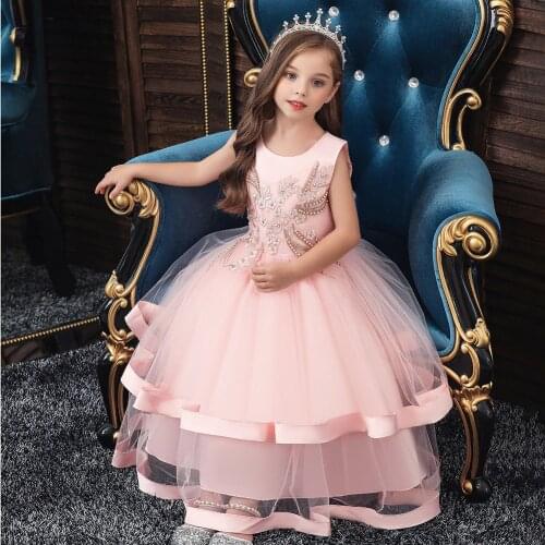 2019 Baby Children Long Tutu Dress Flower Girls Christmas Bow Lace Dress Kids Wedding Birthday Evening Party Embroidery Clothing