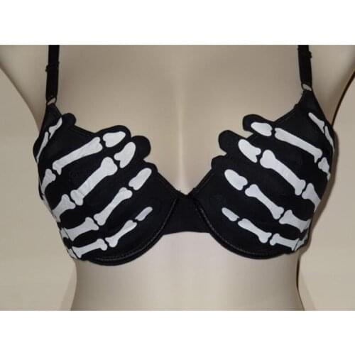 2020 Women Halloween Skeleton Hand Printed Padded Black Bra Gloves Bra Top Adjustable Strap