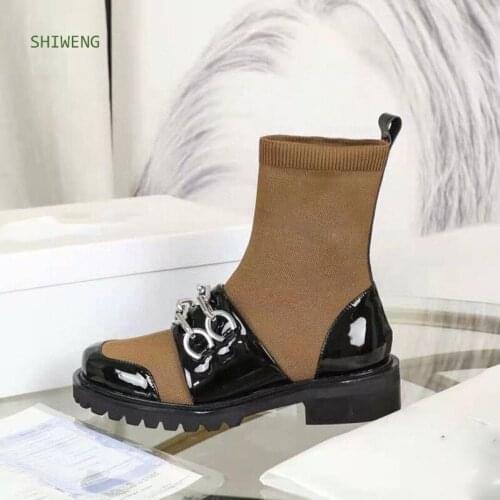 2021 Autumn/Winter Women Mid-calf Boots Fashion Knitted Stretch Martin Boots Lady Square Heel Boots Women Fashion Short Boots