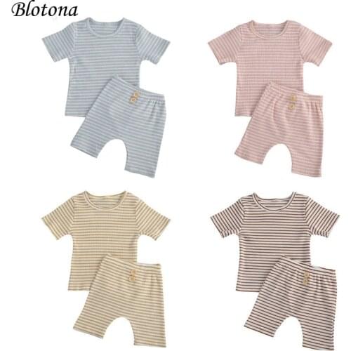 Blotona Baby Summer Clothing Set Kids 2Pcs Outfits Striped Ribbed Short Sleeve Classical Top Knee Length Button Pants Set 0-4Y