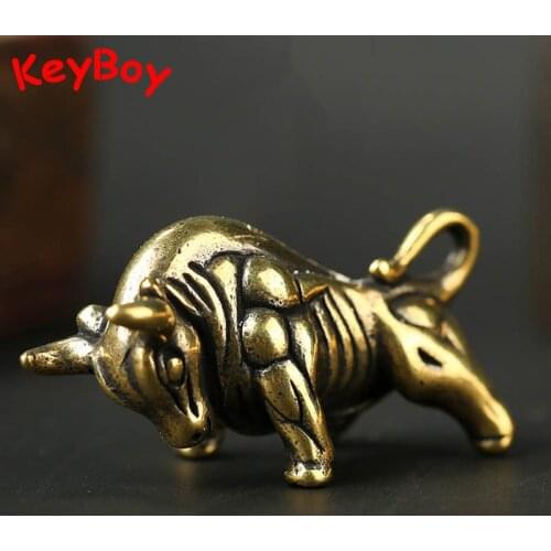 Pure Brass Wall Street Bull Keyring Pendant Jewelry Vintage Copper Animal Bull Decorations Men Key Chain Rings Hanging
