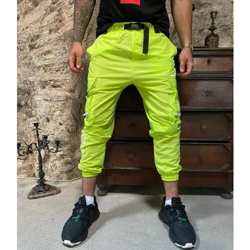 Mens Green Nylon Cargo Pants Elastic Skinny Leg Sweatpants Casual Fashion Fitness Workout Slim Trousers Man Jogger Pencil Pants