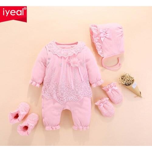 IYEAL Baby Rompers Princess Newborn Gift Set Lace Romper + Hat + Gloves + Feet 4 Pieces Cotton Baby Girls Costume Baby Jumpsuit