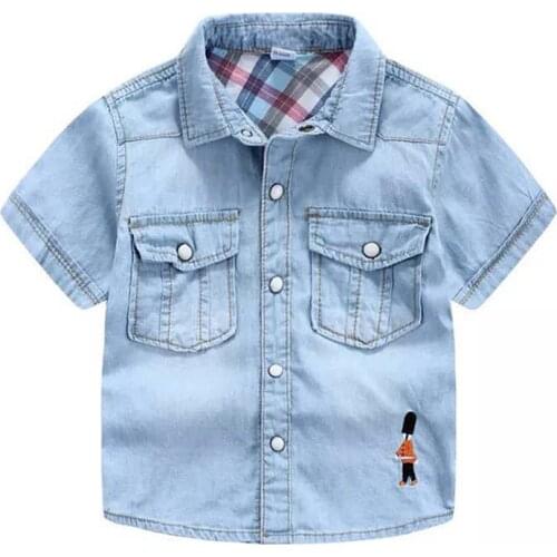 Boys Denim Shirt Short Sleeve Pocket Blouses With Embroidery Soldier For Boy Summer Boy Shirts Soft Childrens Jeans Shirt 3-10Y