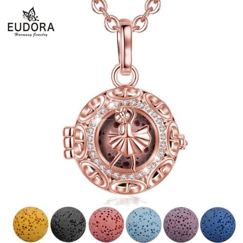 EUDORA 16mm Aromatherapy Perfume Essential Oils Diffuser Necklace dance girl Pink gold Locket Pendant with lava stone& box K381