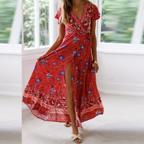 Summer Dresses Women Sexy V-neck Short Sleeve Slit Bottom Printed Dress Elegant Bohemian Beach Lady Long Dress Vestidos