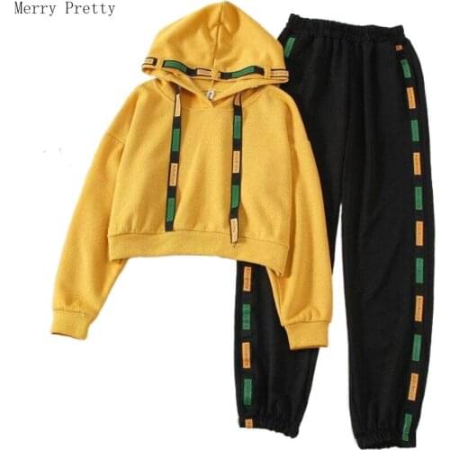 Womens Tracksuit Sets 2020 Spring Two Piece Set Top And Pants Solid Crop Hooded Sweatshirt Elastic Waist Patchwork Pockets Pants