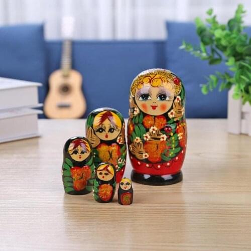 5pcs Handmade Painted Set Toy Creative Nesting Dolls Wishing Russian Doll Wood Russian Nesting Matryoshka Dolls Set Color Painte