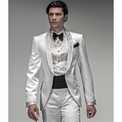 New Arrival Mens Suits Groomsmen Shawl Lapel Groom Tuxedos Shiny White Wedding Best Man Suit (Jacket+Pants+Tie+Girdle) B652