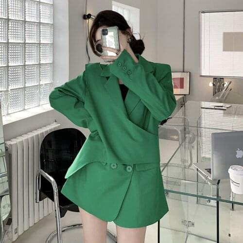 Autumn new loose double-breasted suit small suit jacket + simple and versatile one-shoulder waist blouse two-piece