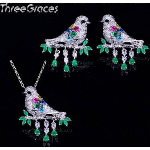 ThreeGraces Fashion Famous Brand Animal Bird Colorful CZ Crystal Pendant Neckalce and Stud Earrings Jewelry Sets for Women JS272