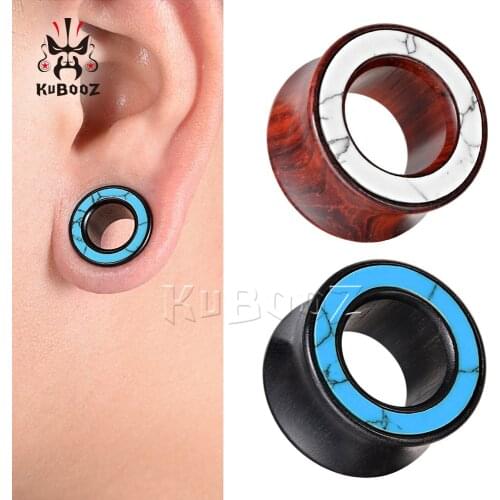 KUBOOZ Latest Design Fashion Wood Blue White Stone Ear Tunnels Expanders Piercing Body Jewelry Ear Gauges Stretchers 8-25mm