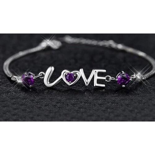 Silver Jewelry I Love You Purple Clear Crystal Bracelet Lovely Fashion Brand Retro Jewelry Girls Rhinestone Bracelet Gift