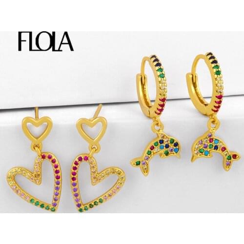 FLOLA CZ Zircon Heart Drop Earrings For Women Crystal Cute Dolphin Earrings Multicolor Gold Filled Rainbow Huggie Jeweley erst26