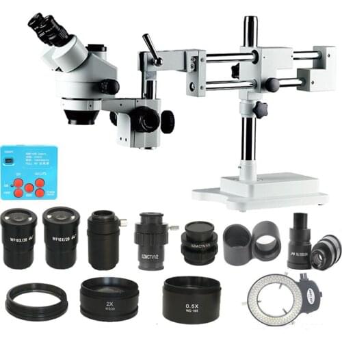 Free shipping 3.5X-180X Simul-focal Double arm Trinocular Stereo Microscope SMD Soldering 30MP HDMI microscopio USB camera tools