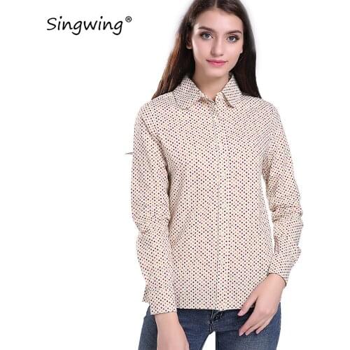 Singwing Cotton Women office working Blouse Shirts Long Sleeve Turn-down Collar Shirts blouse Polka Dot Womens Shirts Tops