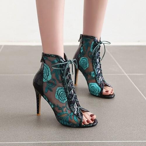 2020 New Open Toe Summer Women Lace Ankle Boots Fashion Peep Toe High Heel Women Shoes Zipper Ladies Casual Party Shoes