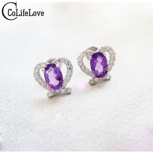 Dazzling Crystal Earrings Real 925 Solid Sterling Silver Earrings for Women Fashion Brand Natural Amethyst Silver Stud Earrings