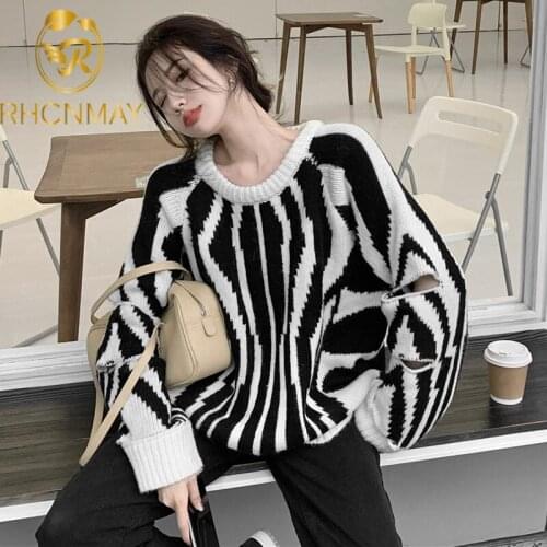 2020 New Vintage Zebra Striped Knitted Pullover Sweater Women Autumn Winter Long Puff Sleeve Hole Jumpers Ladies Tops