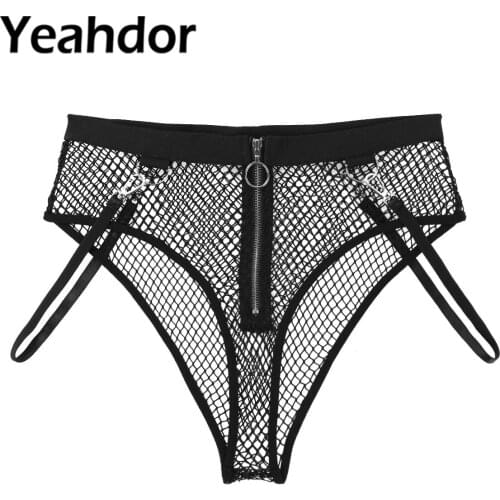 Women Erotic Underwear See Through Sheer Fishnet Lingerie Briefs Mid Rise Front Zipper with Detachable Side Straps Booty Shorts